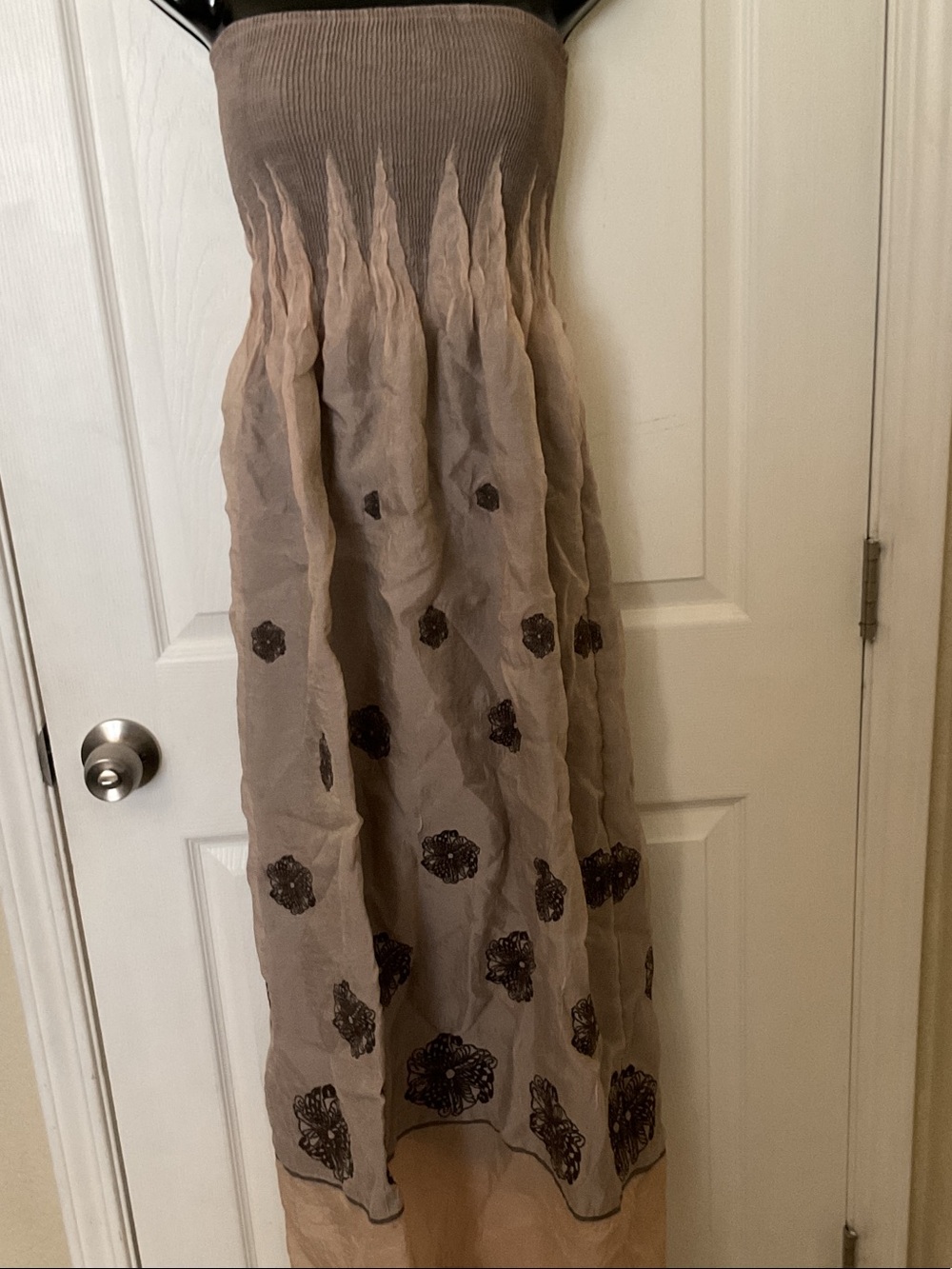 Lapis Strapless Beige and Brown Embroidered Maxi Dress